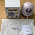 Light purple portable USB desktop humidifier with colourful LED light, 110mm size, on a desk