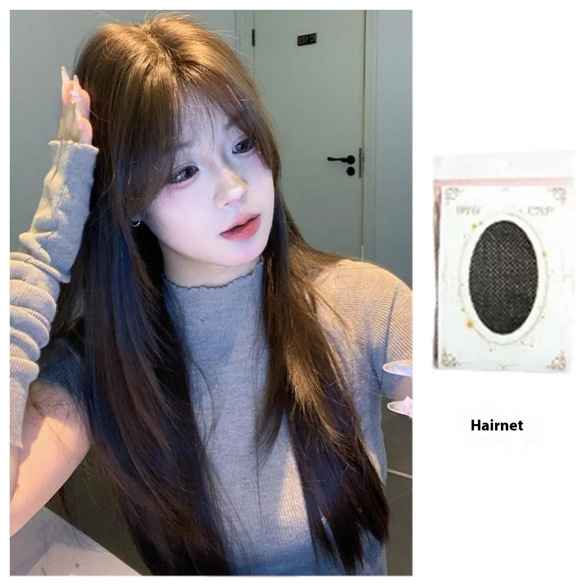 Layered long straight wig in cold brown colour with lace net construction