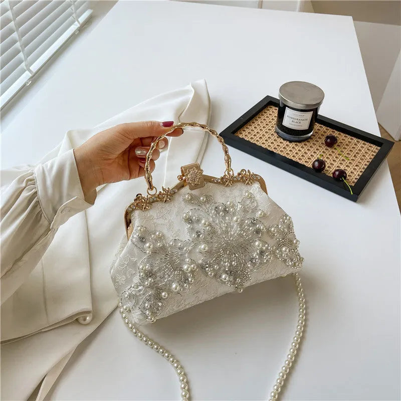 Pearl embroidered fashion handbag with double shoulder straps in horizontal square shape