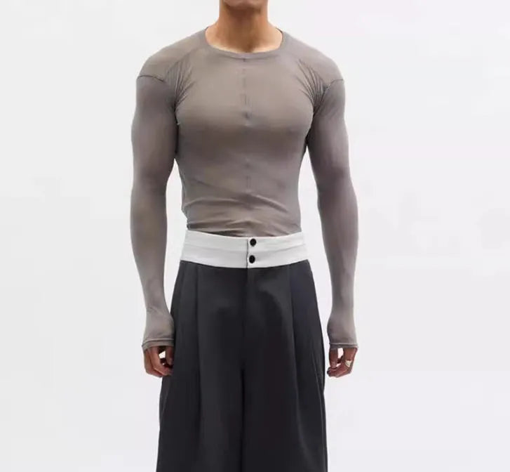 Mesh see-through texture slim-fit black pullover long sleeve with round collar, ultra-thin PU fabric