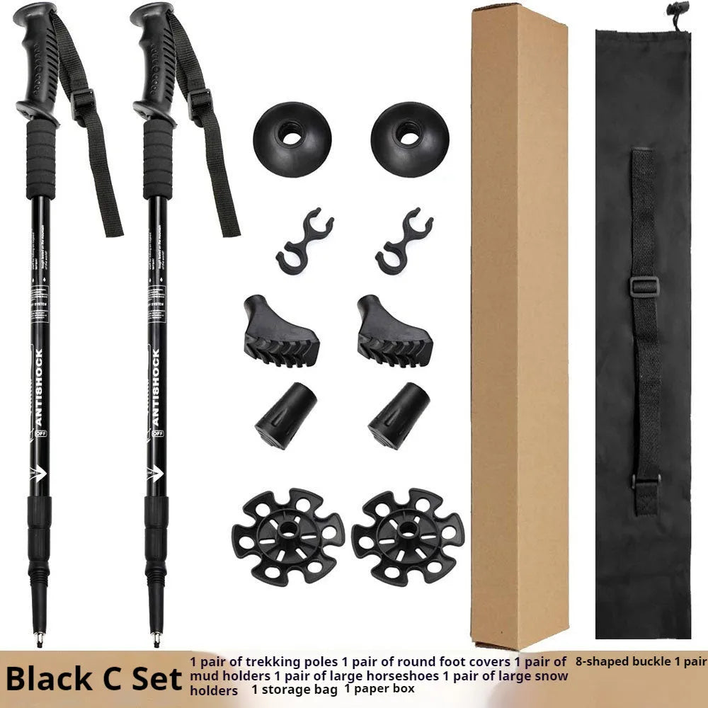 A pair of adjustable silver aluminium trekking poles with various foot attachments on a hiking trail.