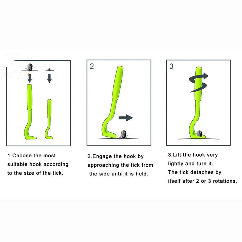 Three plastic tick removal hooks in blue and green colours for pet grooming, shown with size scale.