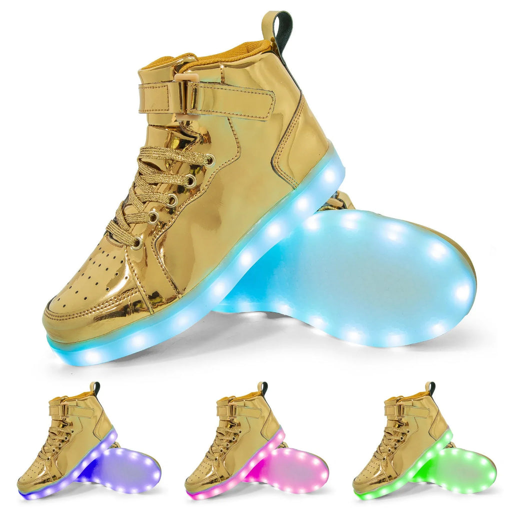 LED high-top shoes with illuminated soles in black colour showing Velcro fastening and rubber sole