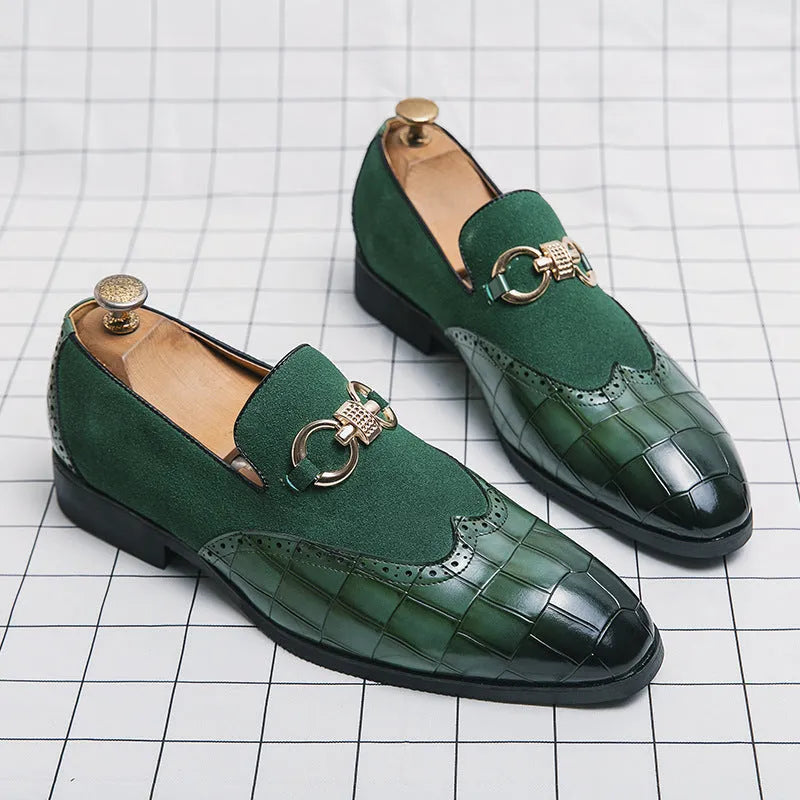 Men's Korean style leather shoes with pointed toe design and sewing line details in black or green