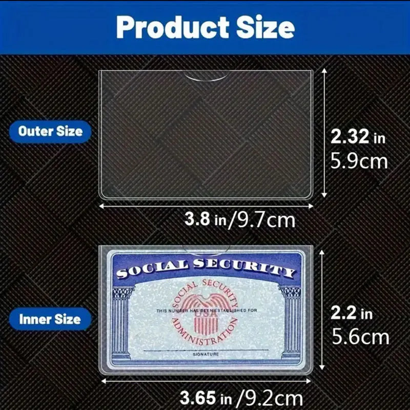 Transparent PVC social security card holder measuring 9.7cm by 5.9cm with waterproof protection