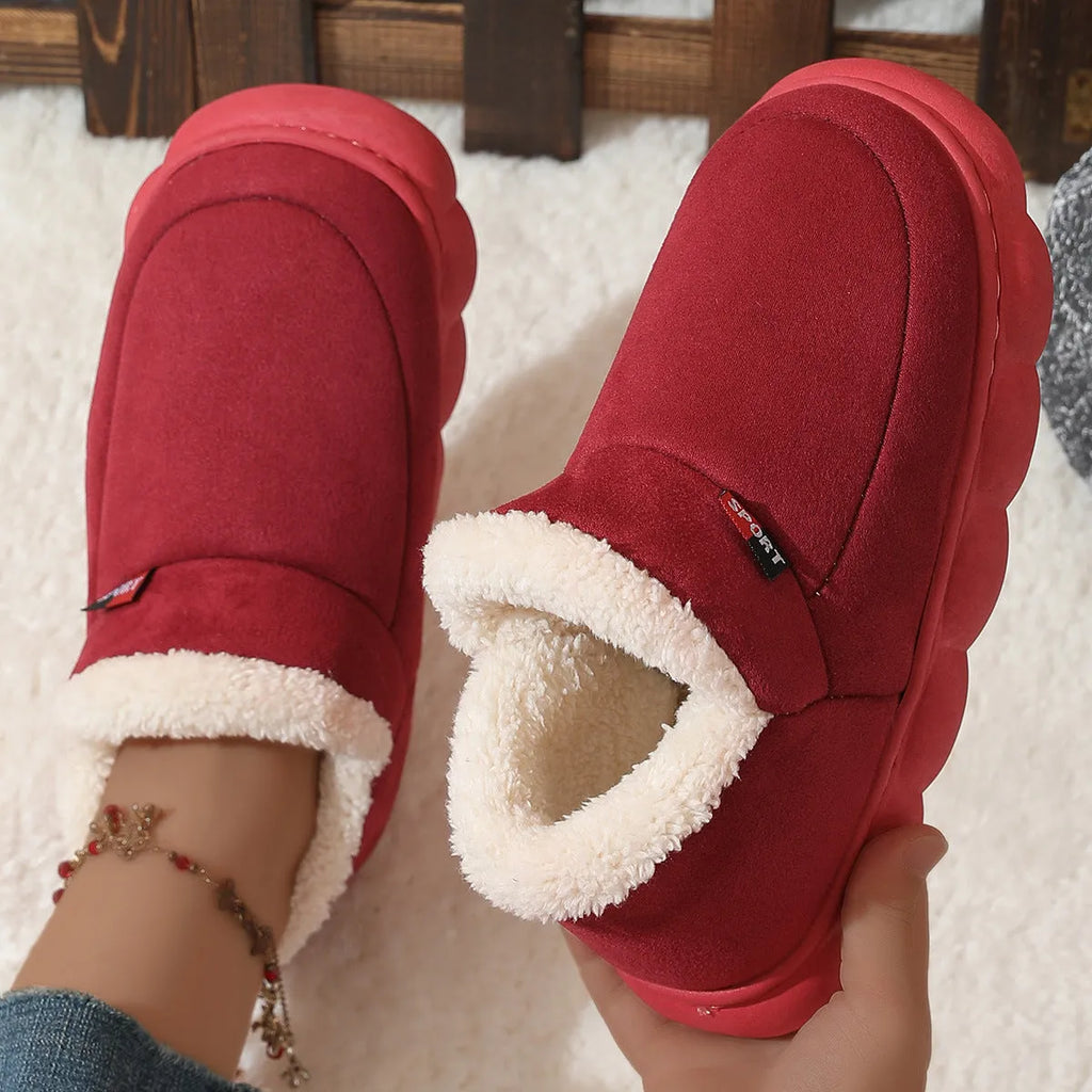 Winter plush cotton house shoes with soft velvet upper, suede lining, and thick rubber sole in solid colours.