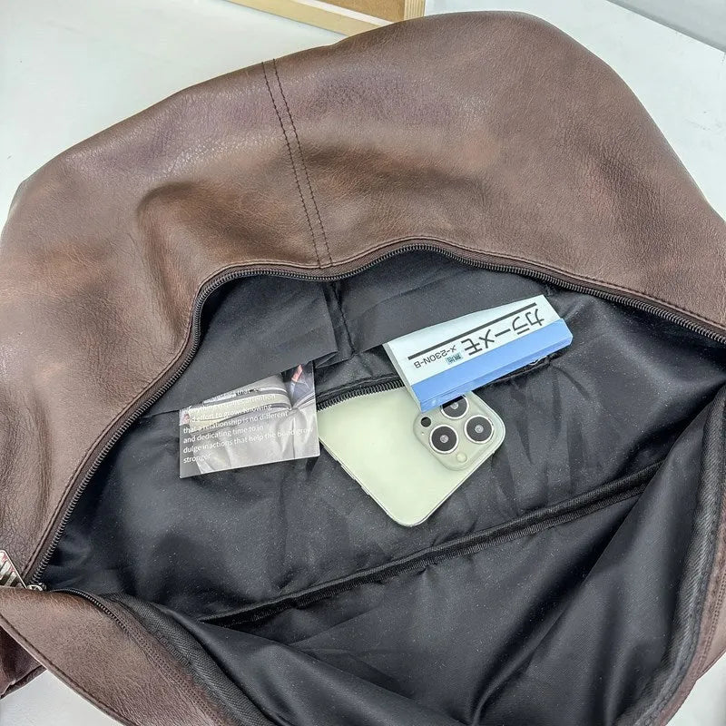 Brown retro-style men's crossbody bag showing front view with dimensions 50x29x3cm