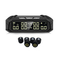 Solar external tyre pressure monitor with colour display for six-wheel vehicles, showing dimensions and sensors