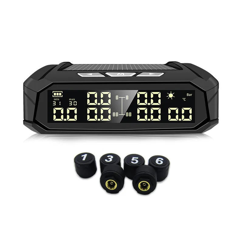Solar external tyre pressure monitor with colour display for six-wheel vehicles, showing dimensions and sensors