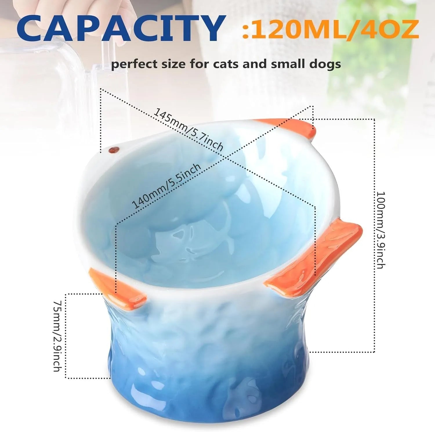 Blue fish-shaped ceramic cat bowl with 15-degree tilt angle on wooden surface