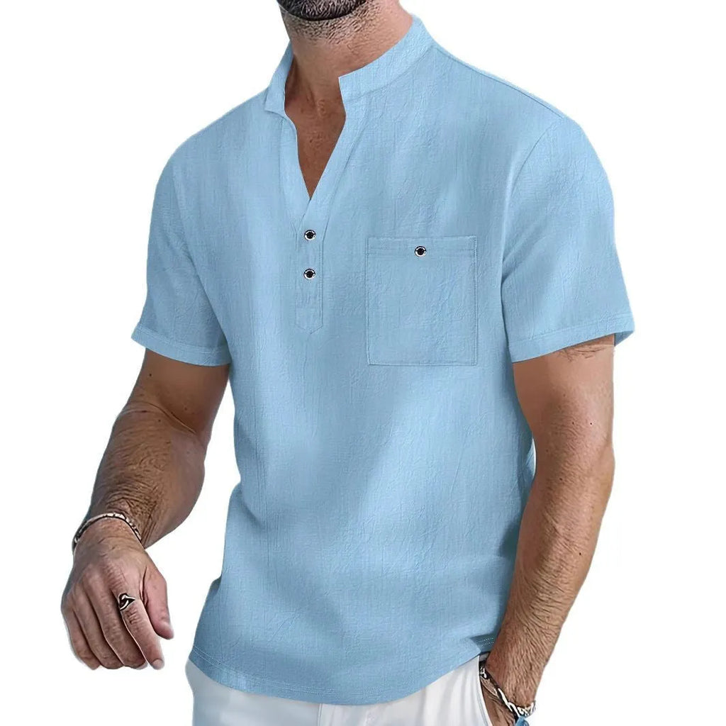 Men's loose-fit linen stand collar T-shirt in solid colour with short sleeves, shown in apricot on a hanger.