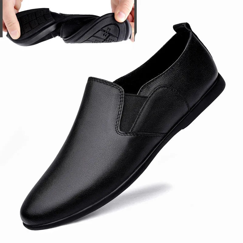 Men's black leather business casual shoes with round toe and breathable construction