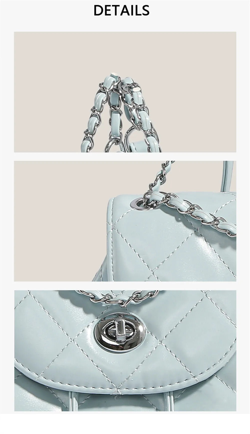 Women's rhombus plaid pattern backpack in PU leather with a cover closure, shown in silver colour.