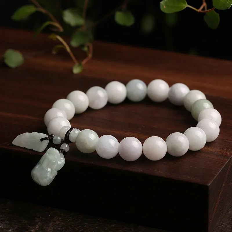 Natural jade bracelet with hanging Maitreya Buddha and geometric symbols, adjustable 18-22cm length