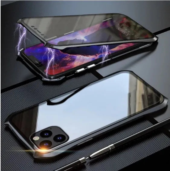 Silver metallic magnetic back cover case for an iPhone 11 Pro Max on a table.