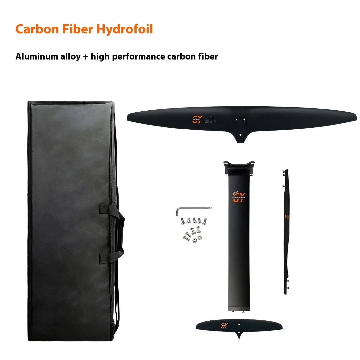 Black carbon fibre hydrofoil with 1051mm front wing for surfing