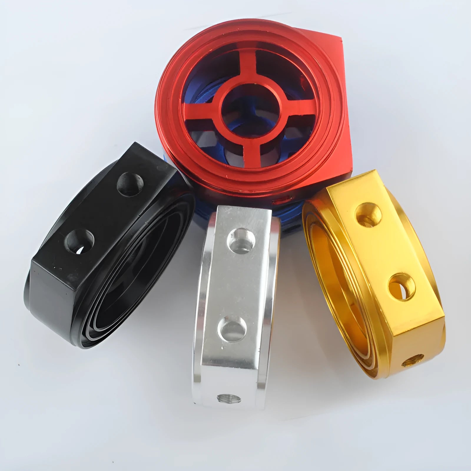 Universal aluminium oil pressure gauge adapter shown in red, blue, black, gold, and silver colour options.