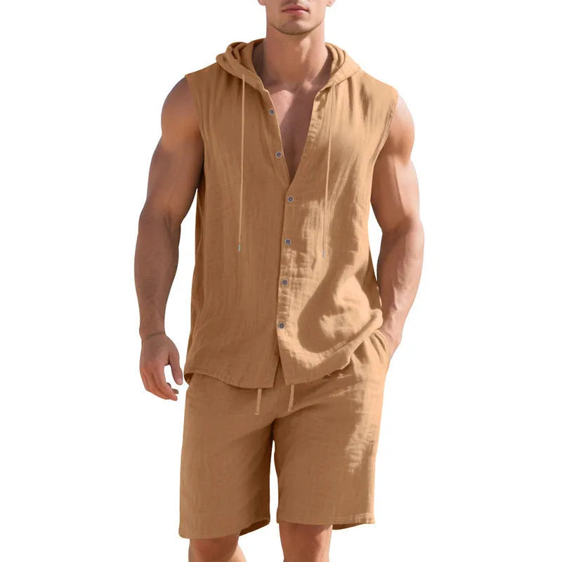 Men's sleeveless linen shirt and matching shorts suit set in Army Green colour