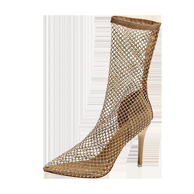Gold mesh high heel sandals with pointed toe and stiletto heel on rubber sole