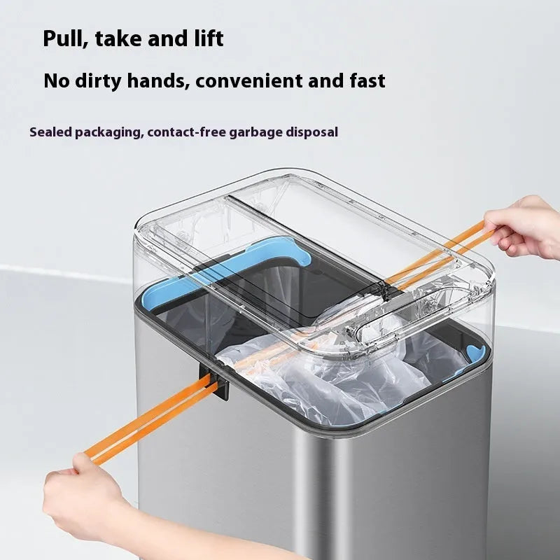 Inductive smart trash can in stainless steel with square bucket design and deodorant function