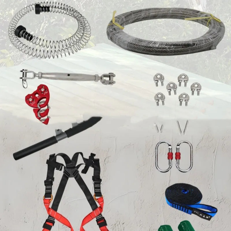 XYL Ziptreck pulley slide rope kit with 10-metre rope, alloy steel components, and safety retractor for children's outdoor play