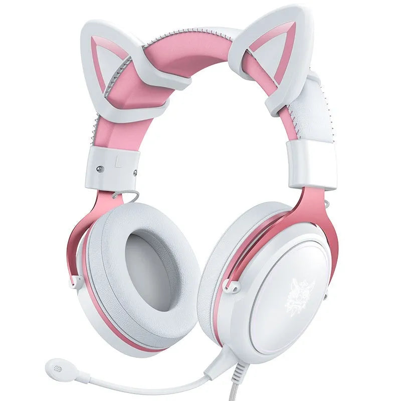 White cat ear wired gaming headset with 3.5mm plug, 50mm drivers, and 2.2m braided cable