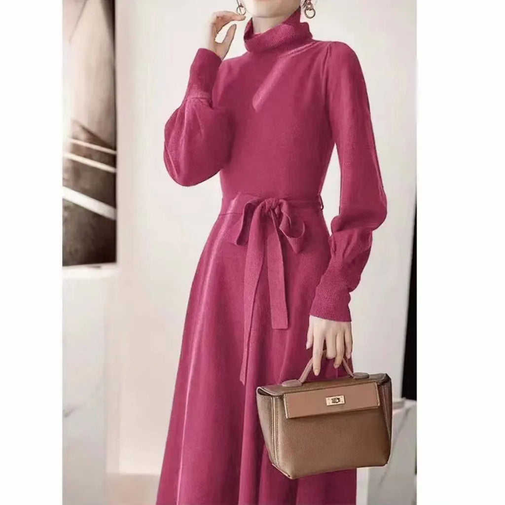 Rose red turtleneck knit dress with elastic waist and long skirt measuring approximately 100-110cm in length