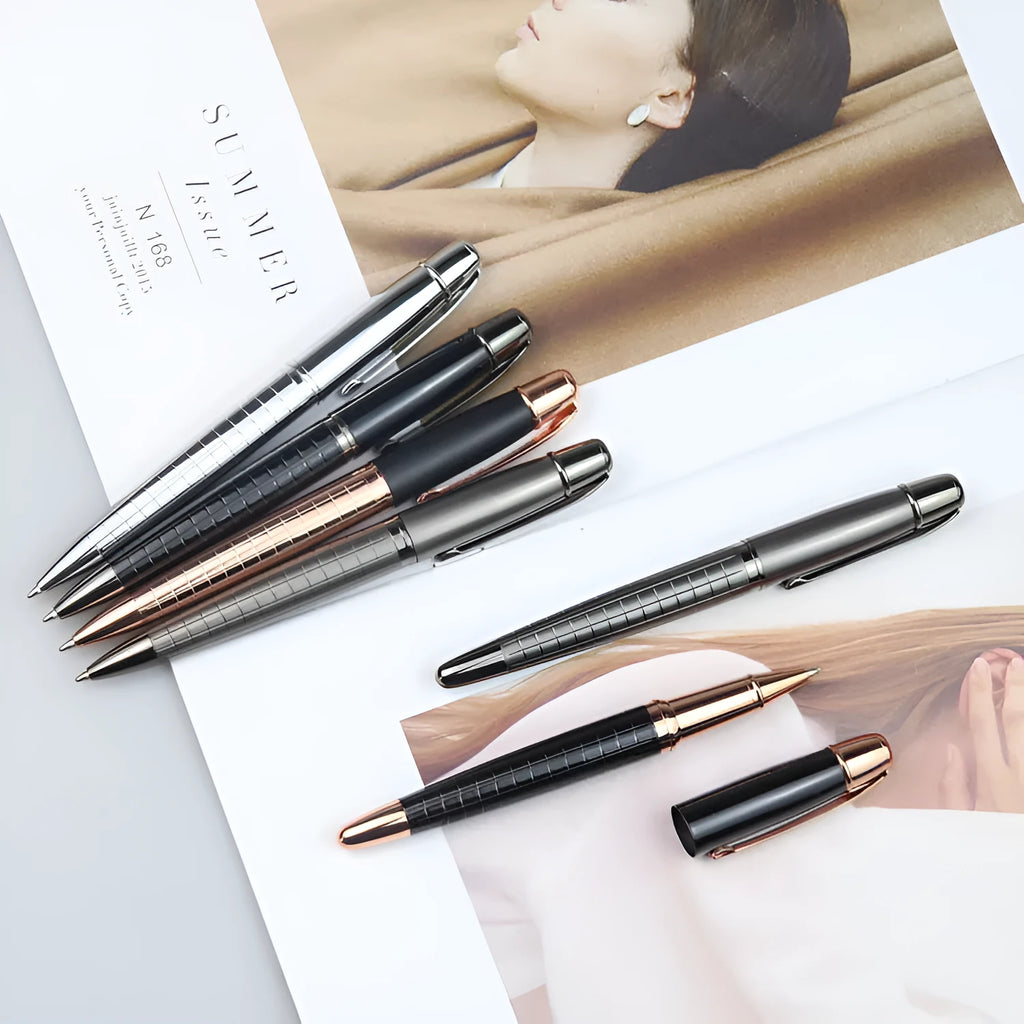 Grey aluminium metal roller pen for office signatures with black or blue water-based ink refills