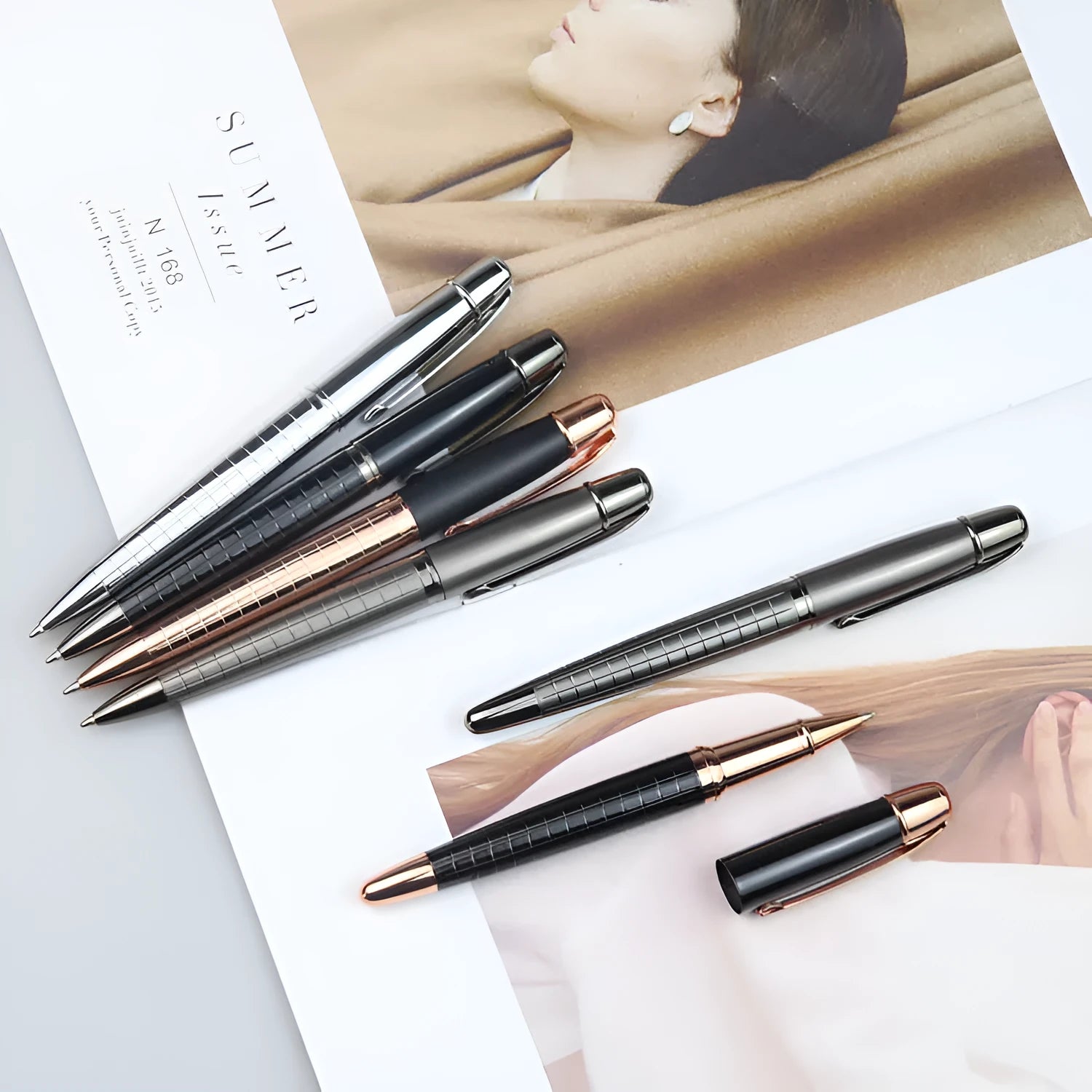 Grey aluminium metal roller pen for office signatures with black or blue water-based ink refills