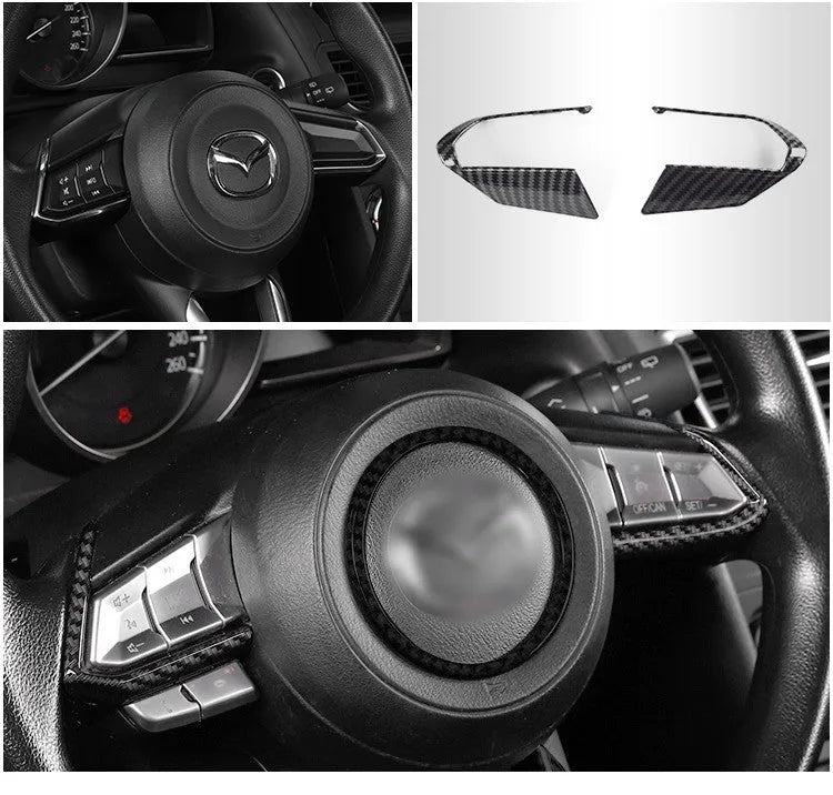 Pair of carbon fibre effect ABS plastic steering wheel frame covers for adhesive installation.