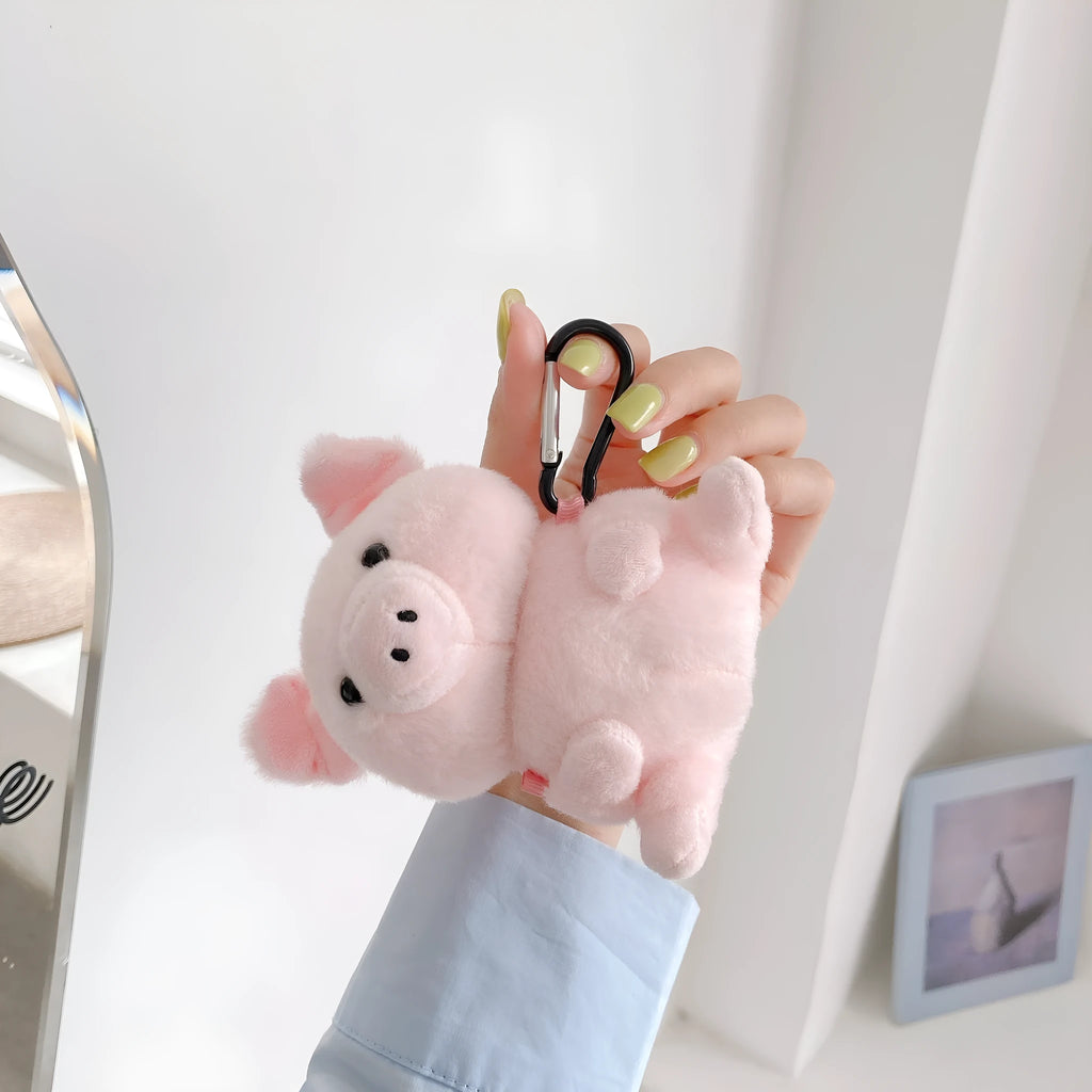 Pink pig cartoon plush earphone case for Apple AirPods 1 and 2, PC back cover with injection moulded shell