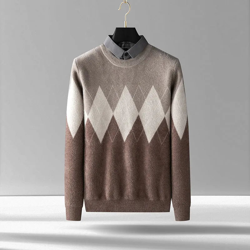 Men's diamond block fake two-piece imitation mink bottoming shirt in grey or camel, polyester blend, sizes M to 4XL.