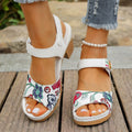 White women's high heel sandals showing velcro buckle fastening and rubber sole