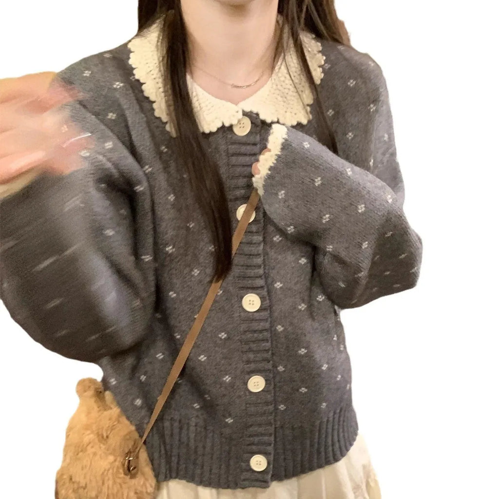 Retro floral Peter Pan collar knitted cardigan coat in grey, shown with button fastening.