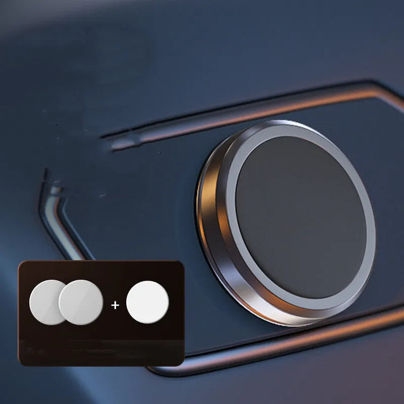 Obsidian black alloy mobile phone holder with magnetic disks for 360-degree rotation on a desk