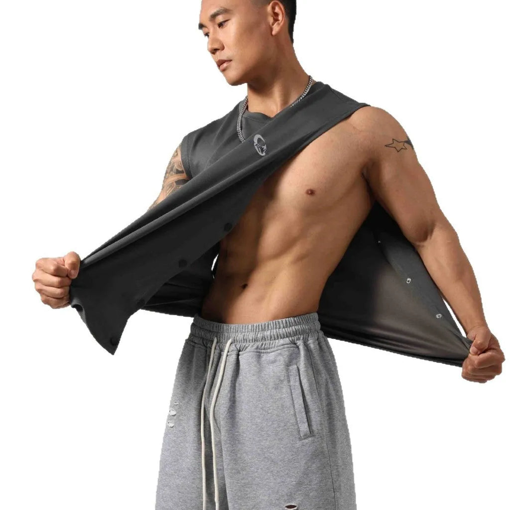 Korean style fitness vest with hidden hook side openings in cotton fabric, shown in black colour