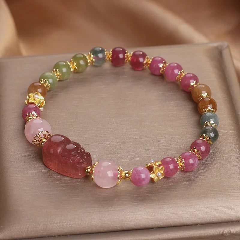 Candy colour tourmaline strawberry quartz Pi Xiu bracelet for women with 17cm length