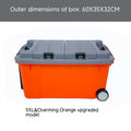 Large orange plastic storage box with pull-out handle and wheels, showing 55L capacity and double-seal lid.