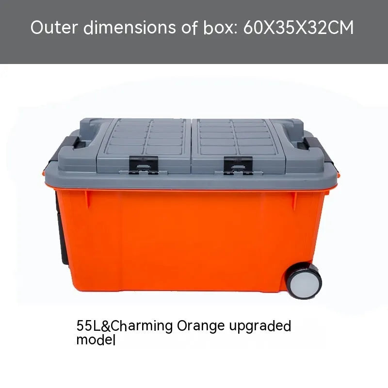Large orange plastic storage box with pull-out handle and wheels, showing 55L capacity and double-seal lid.