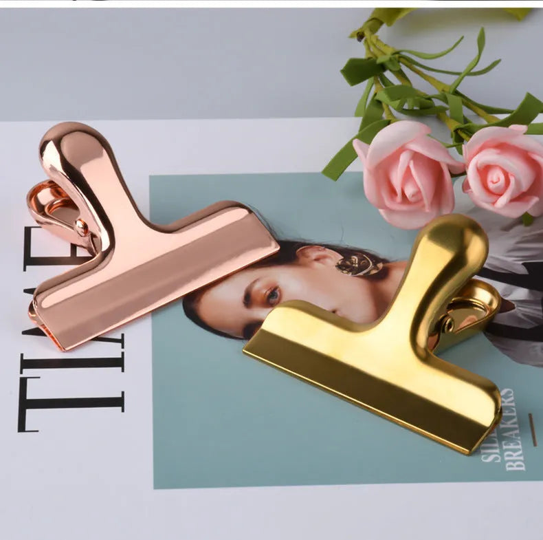 Gold or rose gold stainless steel dovetail clip, 7.6 x 6cm, for bills and office files