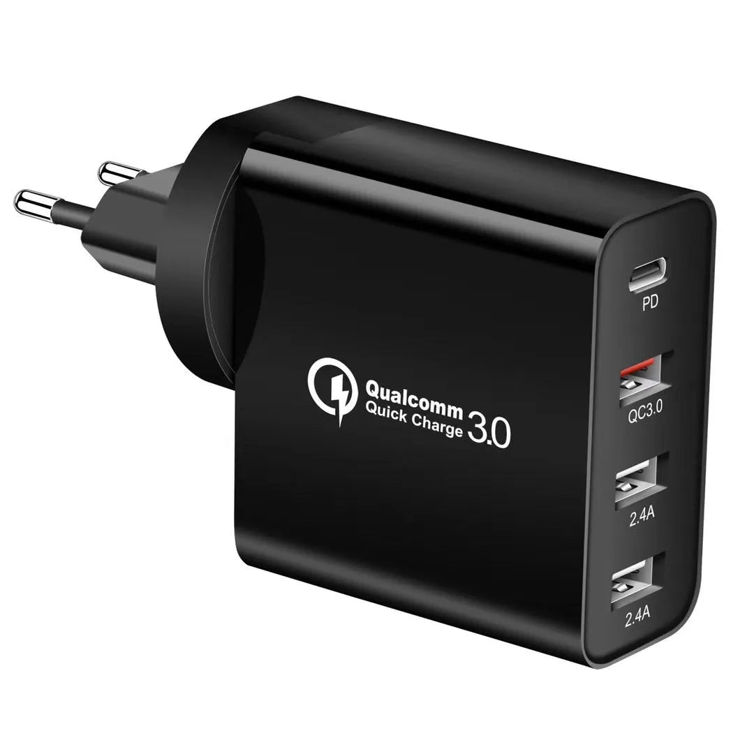 White fast charge charger with multiple USB ports for PD and QC 3.0 mobile phone charging