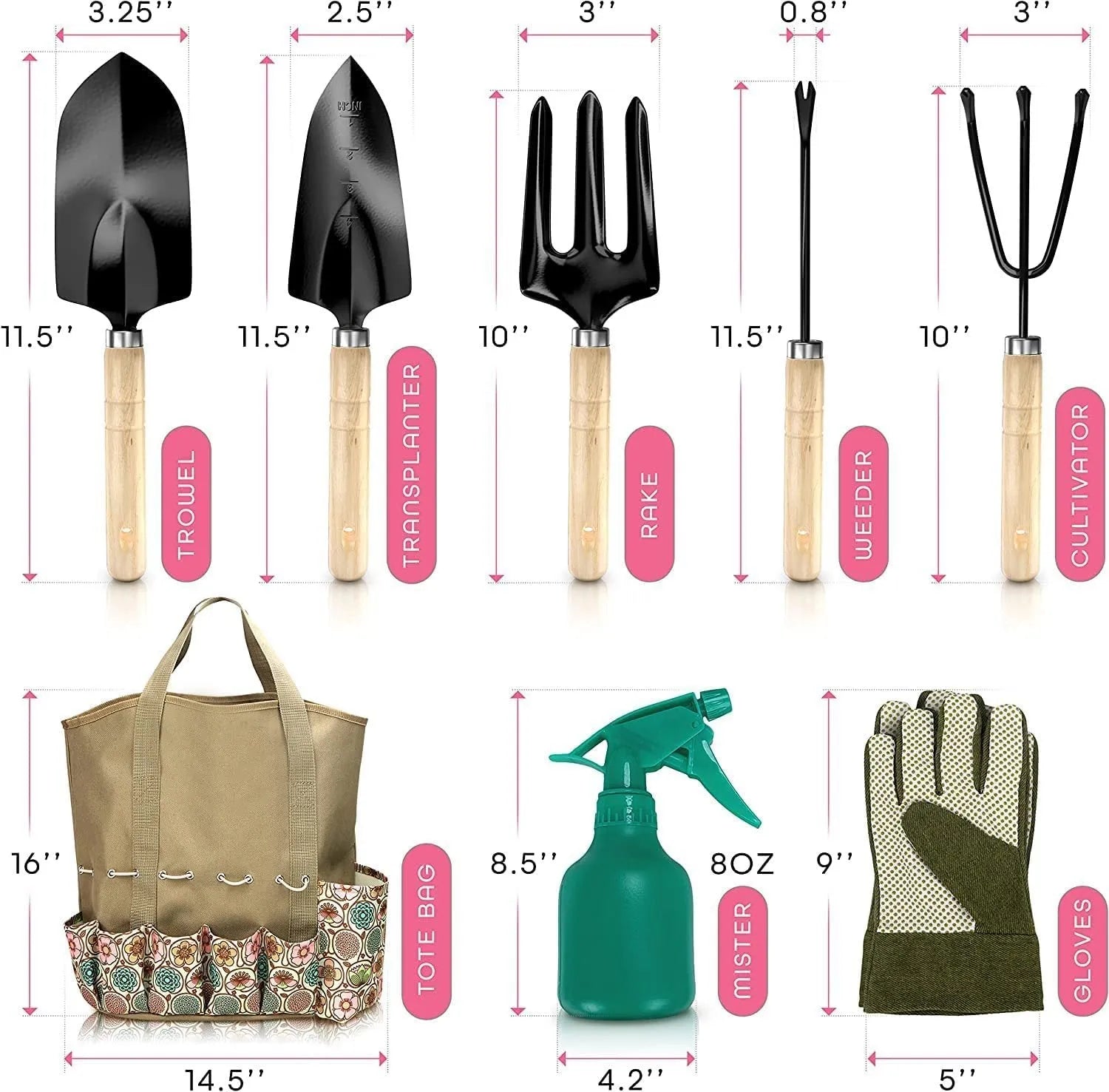 Stainless steel gardening tool set of 8 pieces including trowel, transplanter, cultivator, and other implements