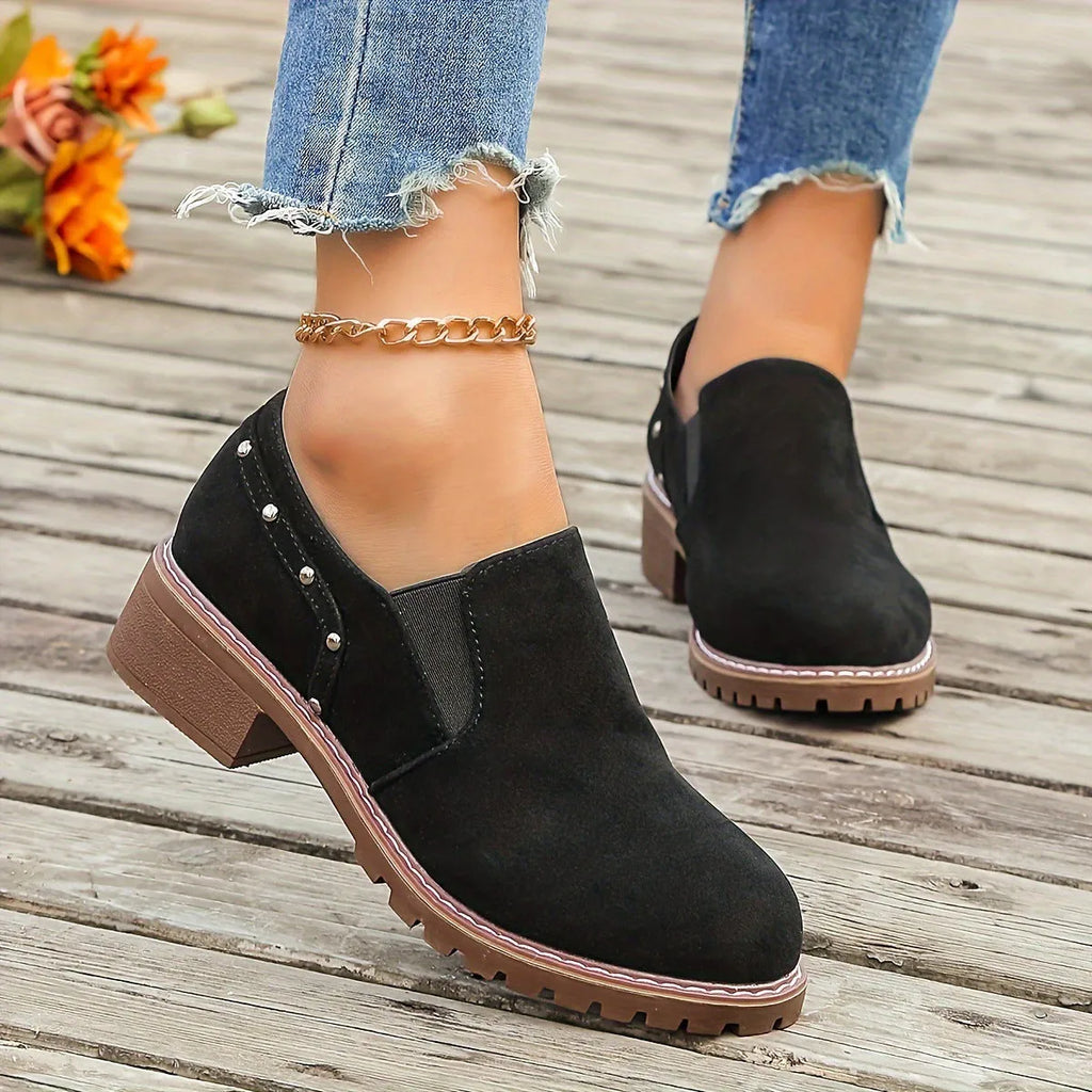 Women's plus size suede ankle boots with low heel and elastic band in light brown colour
