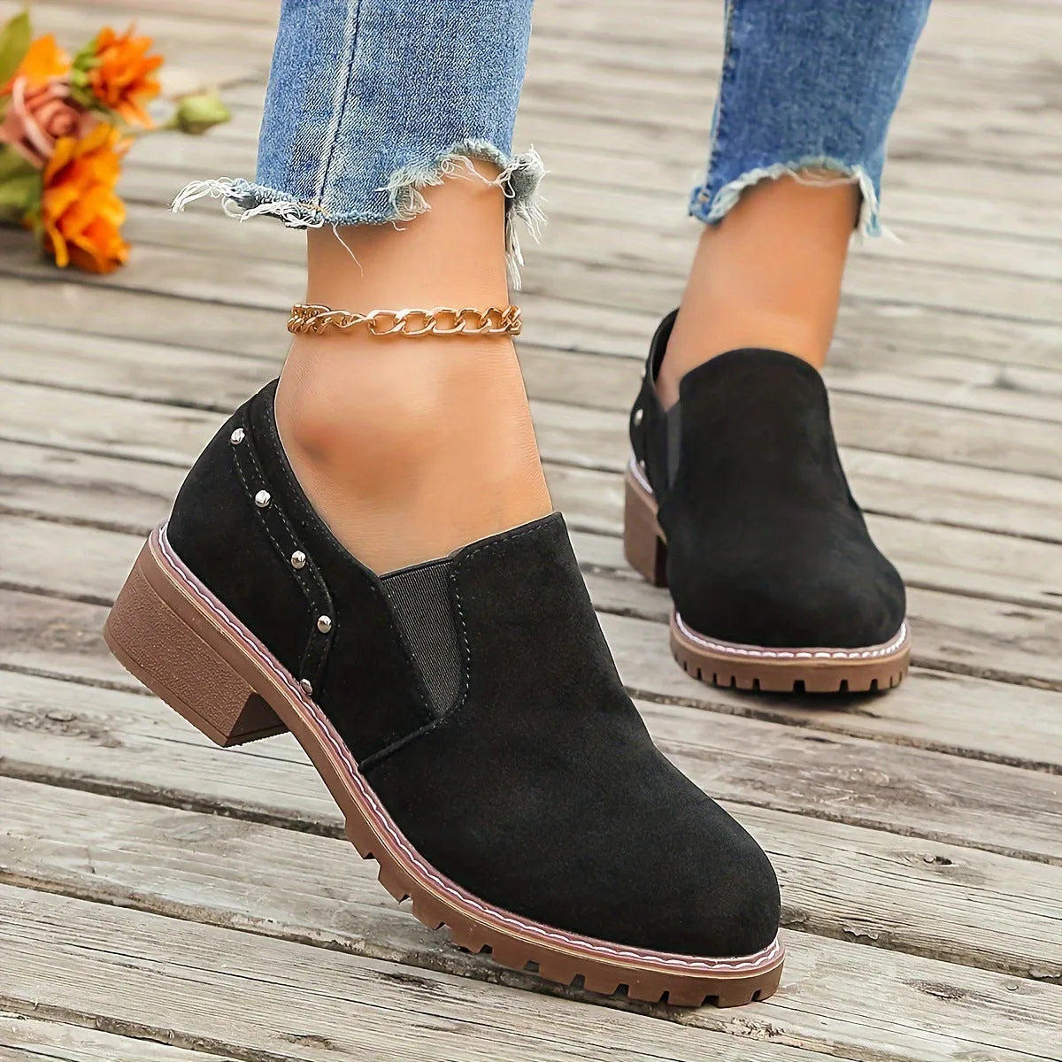 Women's plus size suede ankle boots with low heel and elastic band in light brown colour