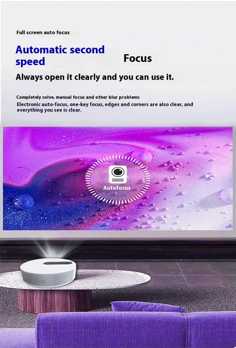 White HD home theatre projector with remote control on table, showing 720p resolution and 200LM brightness for bedroom viewing