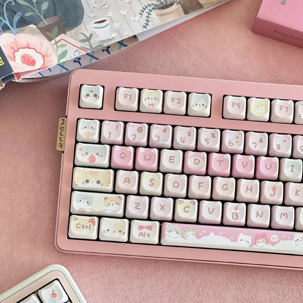 Meow Meow Team 141 key cap set with five-sided sublimation printing shown on mechanical keyboard