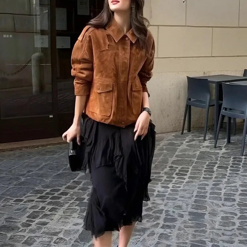 Women's suede coat in bright brown with regular sleeves, sizes S to 3XL, made from 100% polyester for street chic style.