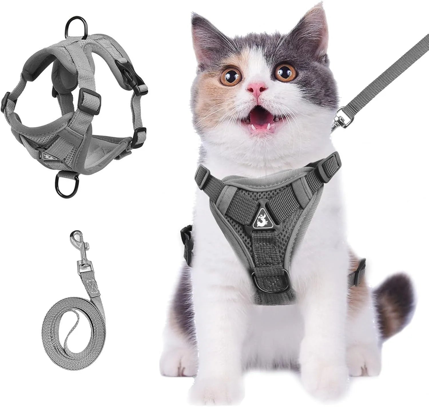 Adjustable mesh cat harness with leash showing reflective strips and secure snap fastenings