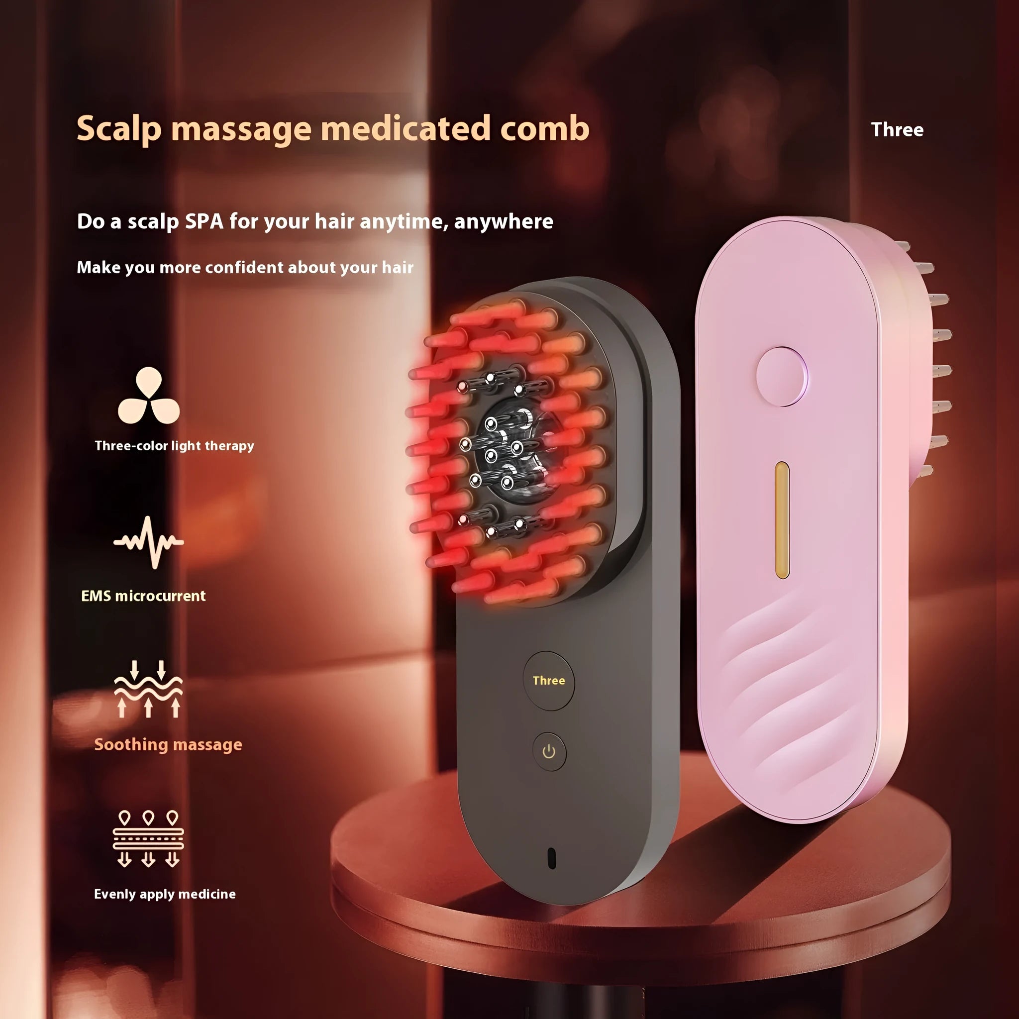 Pink and black smart massage comb for scalp care with red light therapy, less than 10cm long.