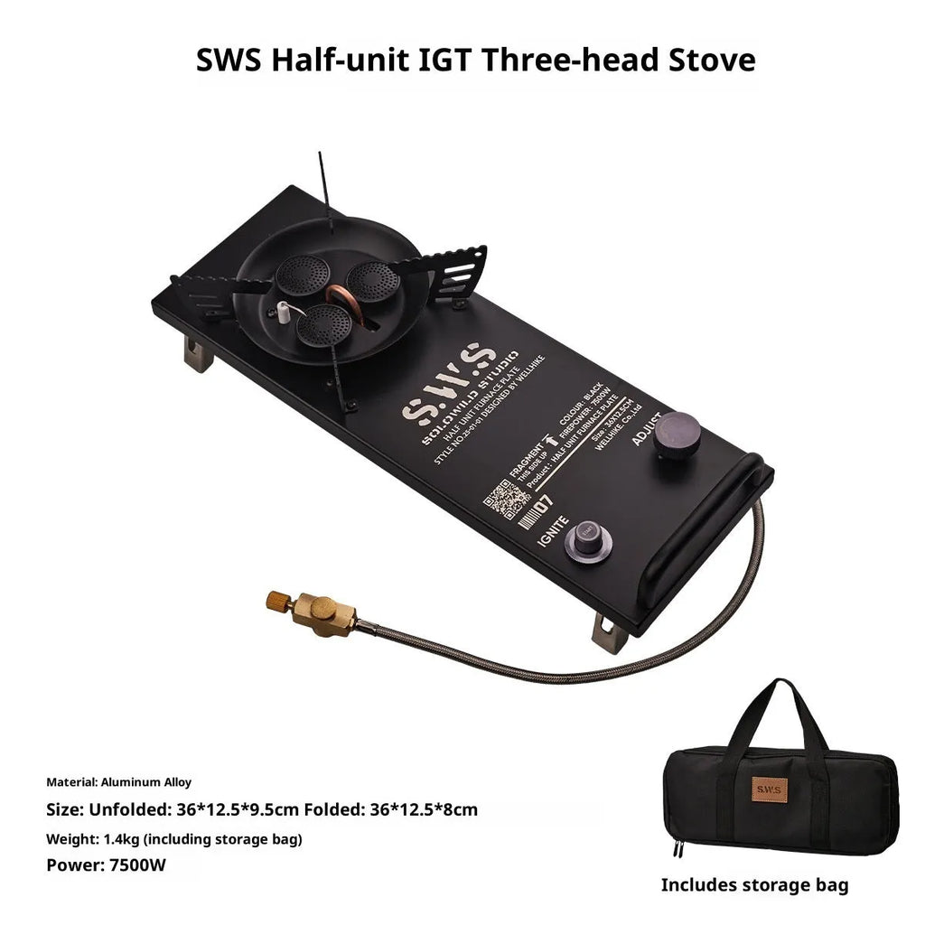 Black split half-unit IGT desktop three-head camping furnace for one to two people, outdoor use